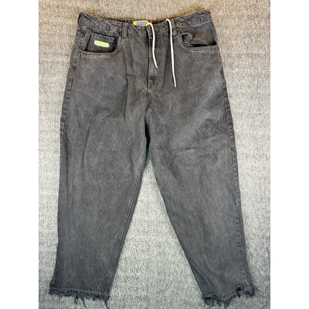 Mens Empyre Drawstring Black Jeans Stitched Logo Ripped Torn Bottom Size 36